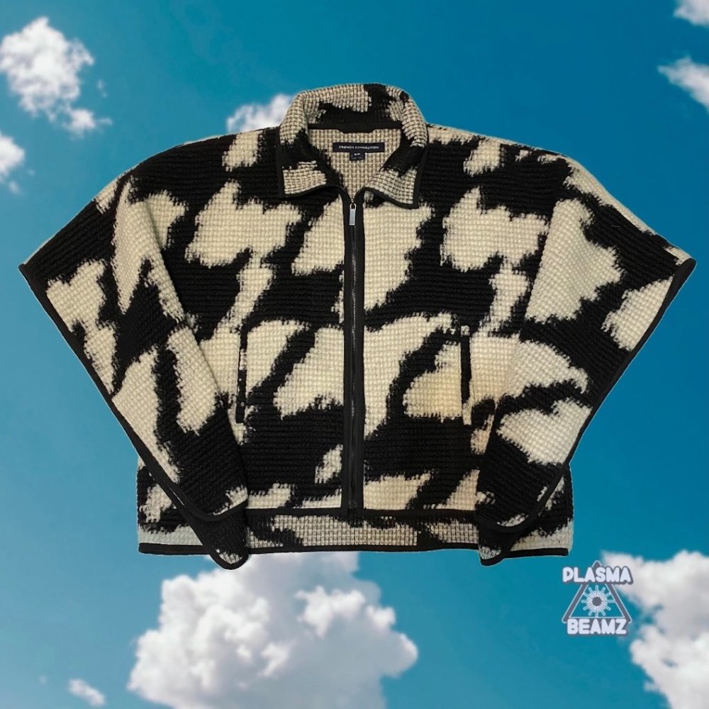 French Connection Black & White Wool Blend Zip Front Poncho S/M - Picture 3 of 16